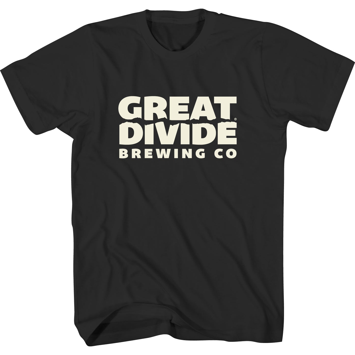 Black t-shirt with 'Great Divide Brewing Co' text on a white background
