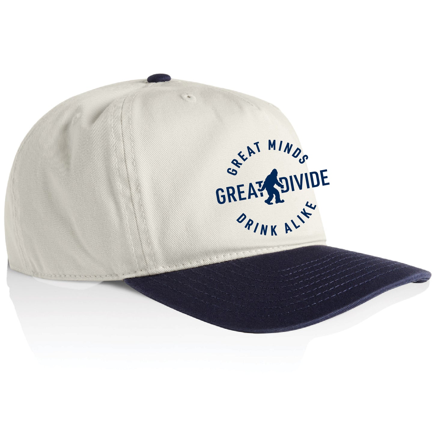 Beige and navy cap with 'Great Divide' logo on a white background