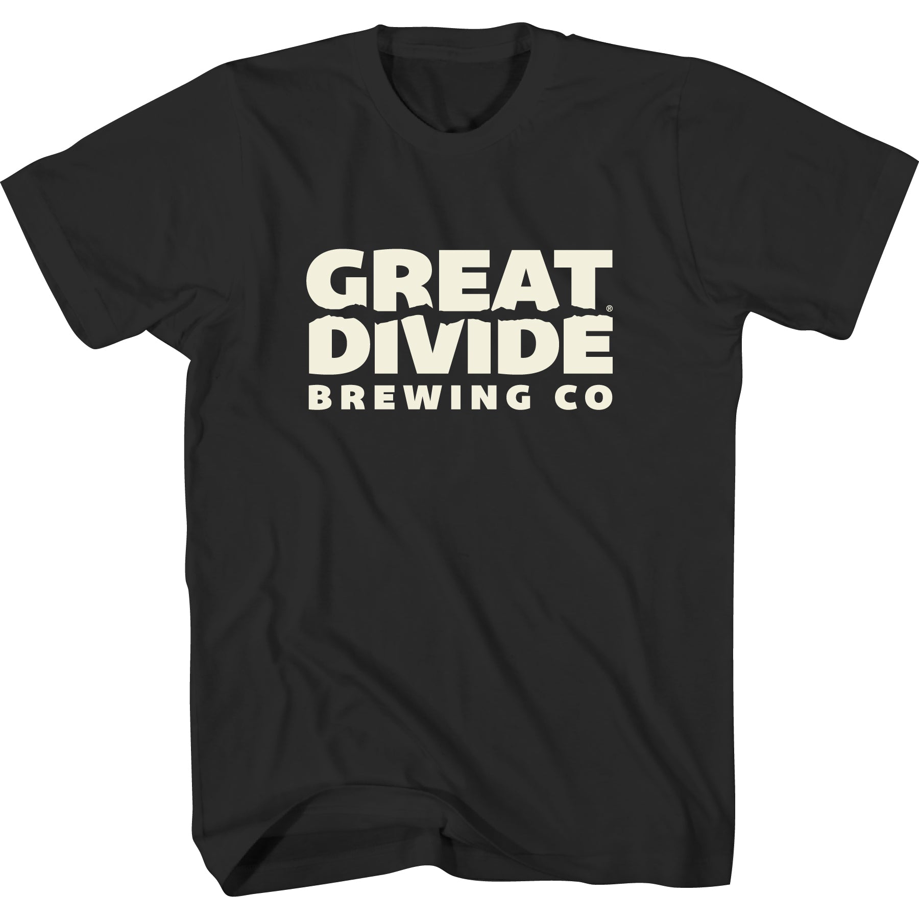 Black t-shirt with 'Great Divide Brewing Co' text on a white background
