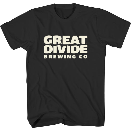 Black t-shirt with 'Great Divide Brewing Co' text on a white background